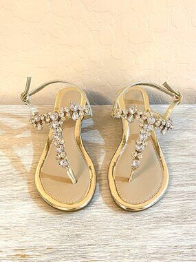 New Andiamo Sandals Aterrance Small Wedge Heel Thong Gold Crystals Size 6.5